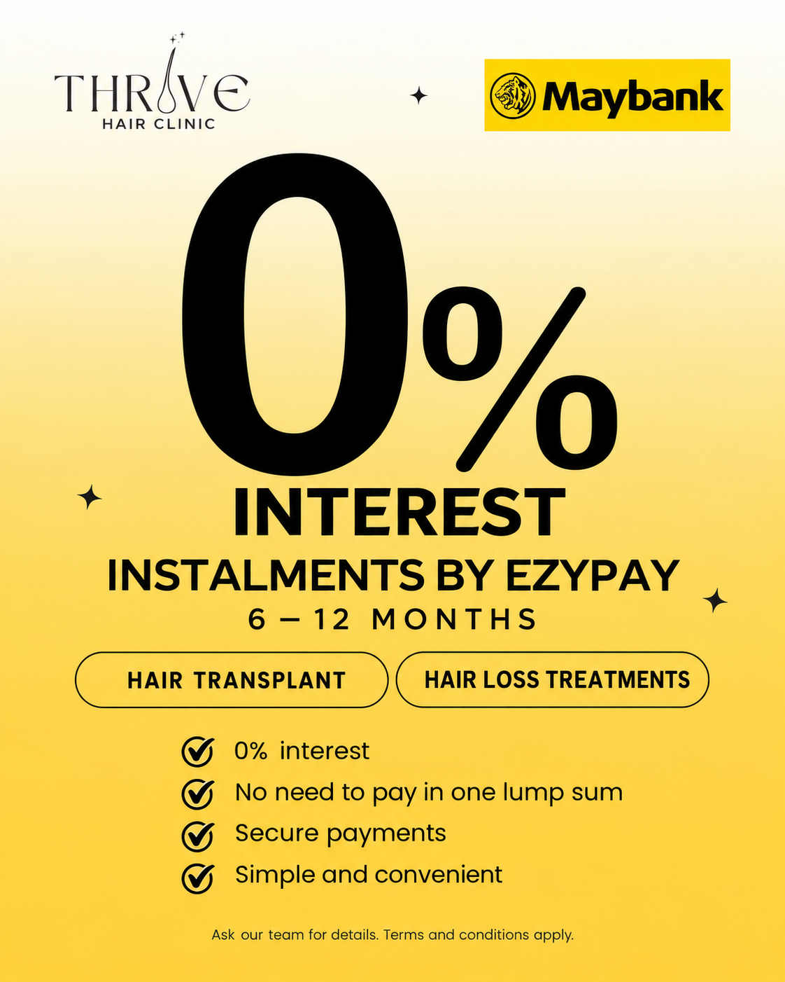 Thrive Hair Clinic and Maybank EzyPay: 0% interest instalments over 6–12 months for hair transplant and hair loss treatments. Terms and conditions apply.