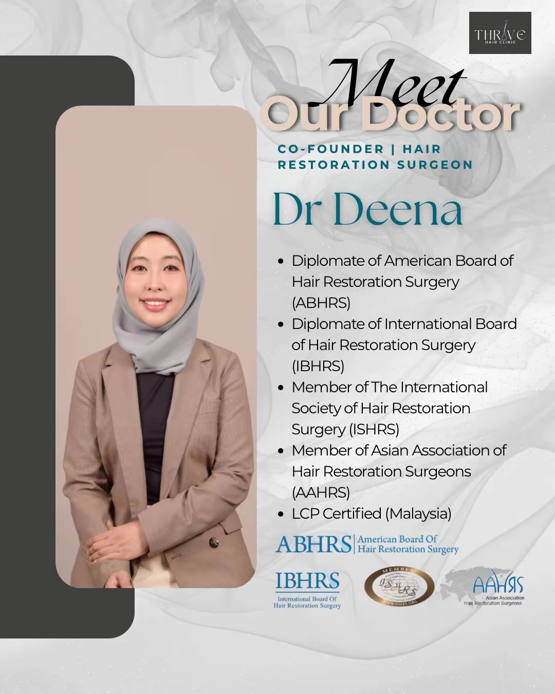 Dr Deena — Co-founder and hair restoration surgeon at Thrive Hair Clinic, Diplomate of ABHRS and IBHRS, ISHRS and AAHRS member, LCP certified Malaysia